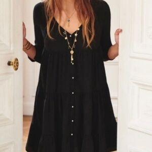 Sezane Aura Black 100% Silk Tiered Mini Dress Button Front Size 44/L